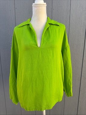 Zara Bright Lime Green V-Neck Collared Long Sleeve Top size Large